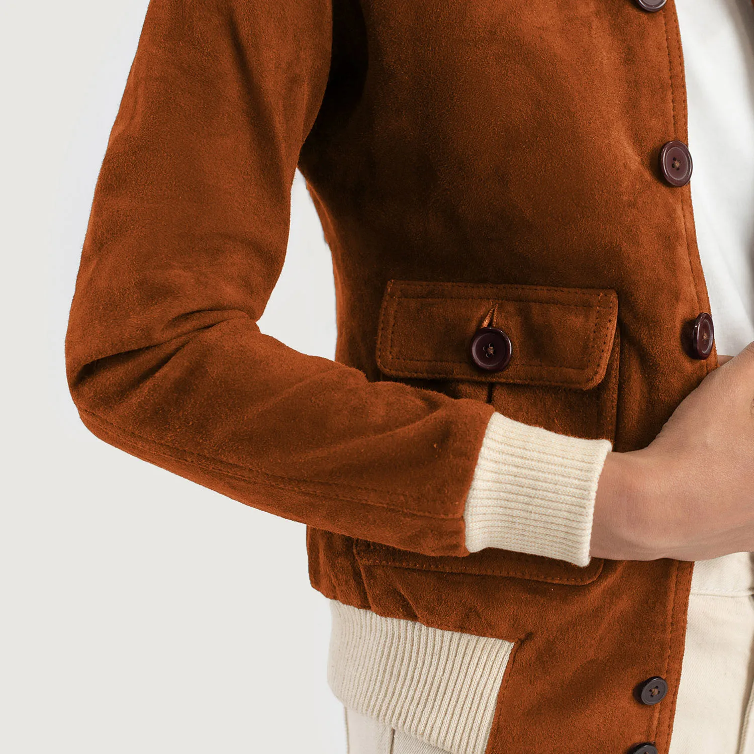 Women_Sasha_A1_Brown_Suede_Bomber_Jacket_Close-Up