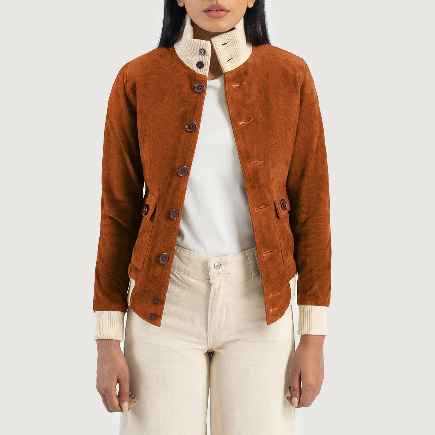 Women_Sasha_A1_Brown_Suede_Bomber_Jacket_Open_Front
