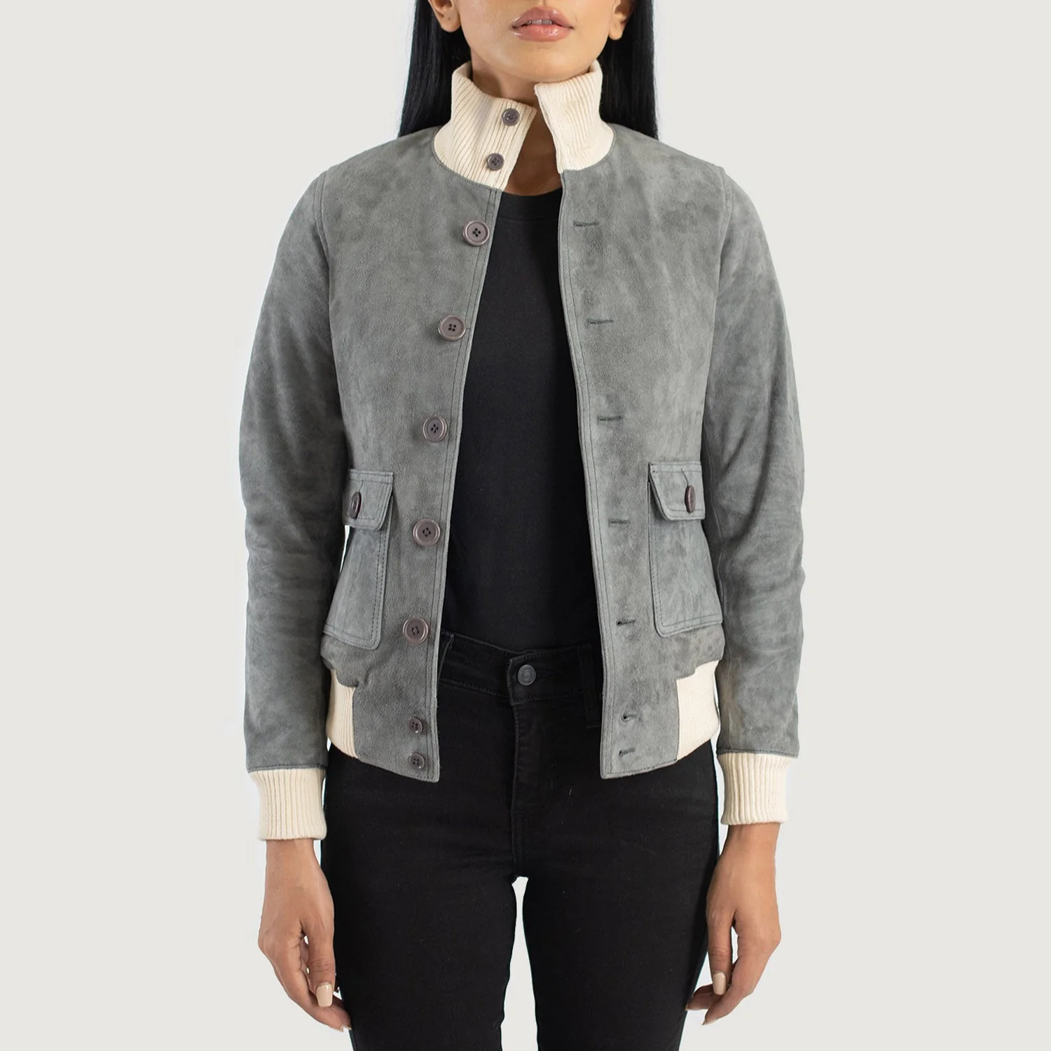 Women_s_Sasha_A1_Grey_Suede_Bomber_Jacket_Open_Front-4_36e1dba9-7ffd-4a80-bc66-9c622c1a4282