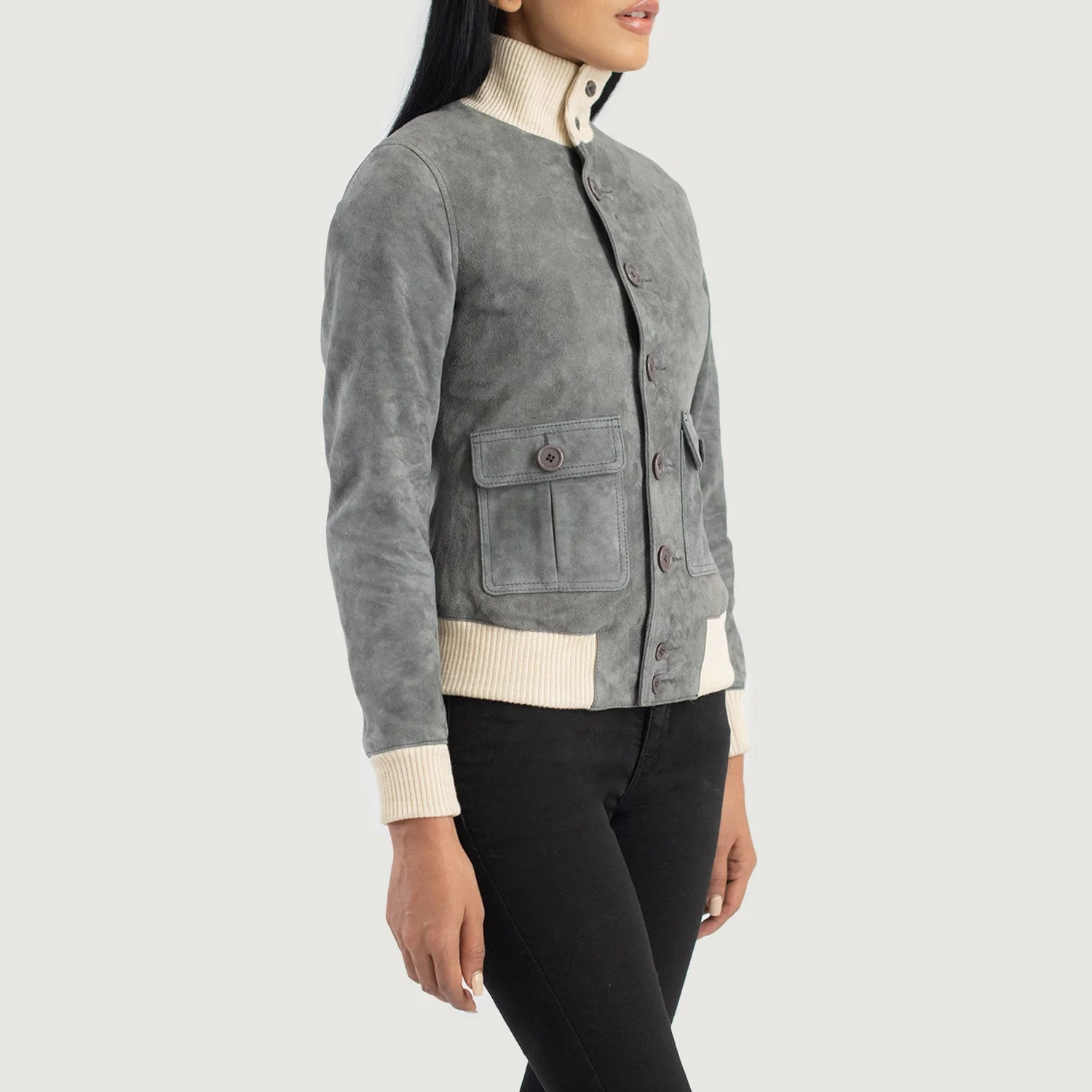 Women_s_Sasha_A1_Grey_Suede_Bomber_Jacket_Side_Pose-3_a60252a2-9bc0-4fb2-9573-f3bae4bc9434
