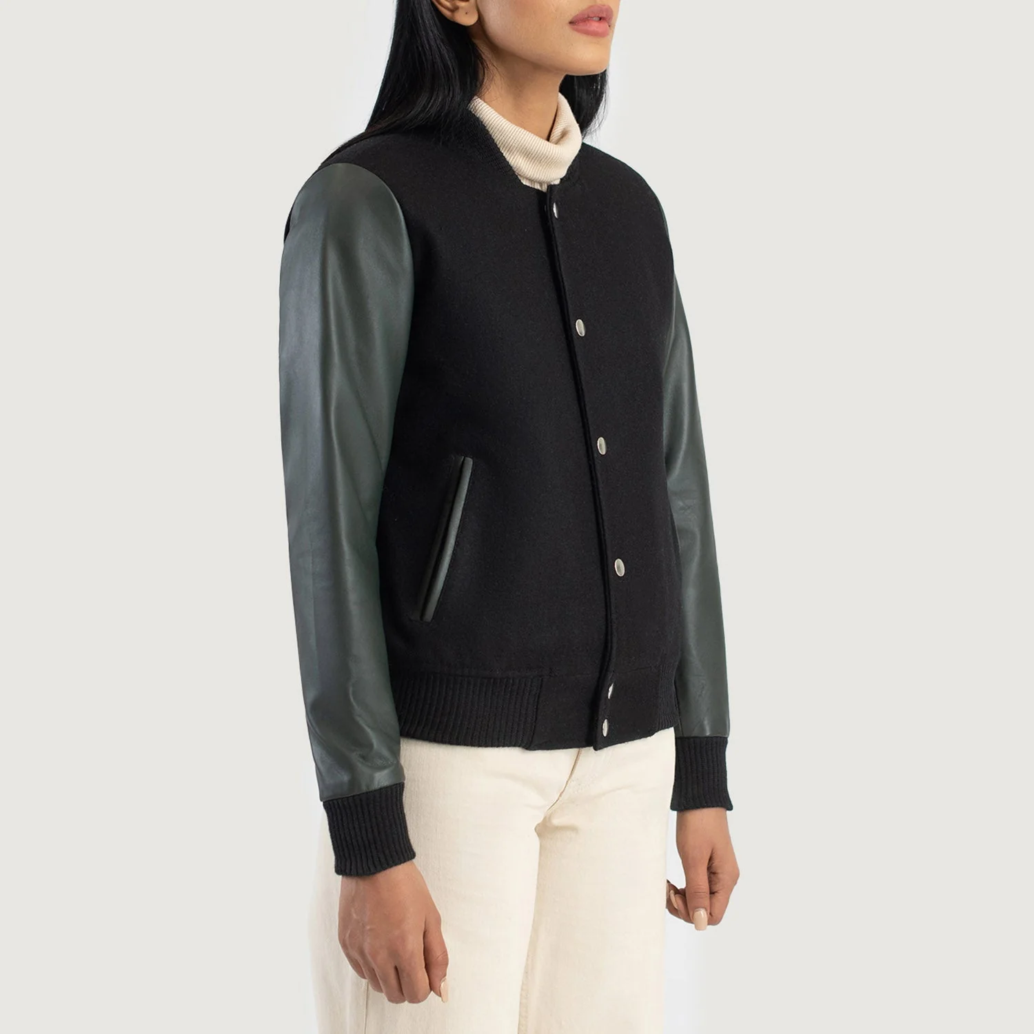 Women_s_Savant_Green_Hybrid_Varsity_Jacket_Side_Pose-3_4c9bf632-fe7c-4426-b1d9-c4b1c1d976b7