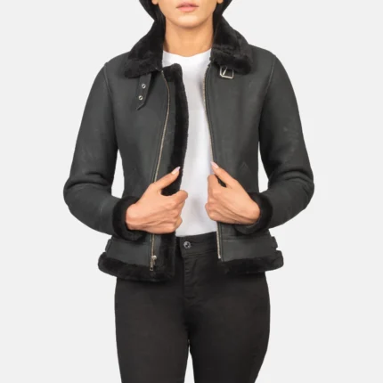 Sherilyn B-top Distressed Black Leather Bomber Jacket